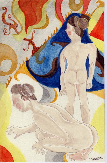 'Two Nude Geishas' (watercolor on laid paper)
